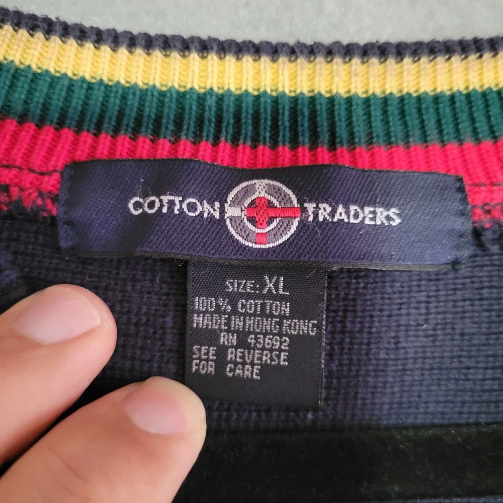 Cotton Traders Vintage 90s Colorblock Quarter Zip‎ Cotton Sweater Navy Mens XL